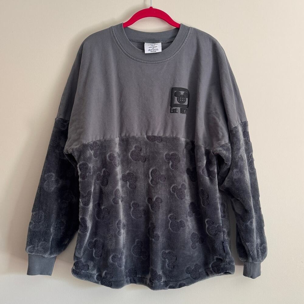 Disney Spirit Jersey Mickey Mouse Icon Velour Gray Fleece Long Sleeve Womens